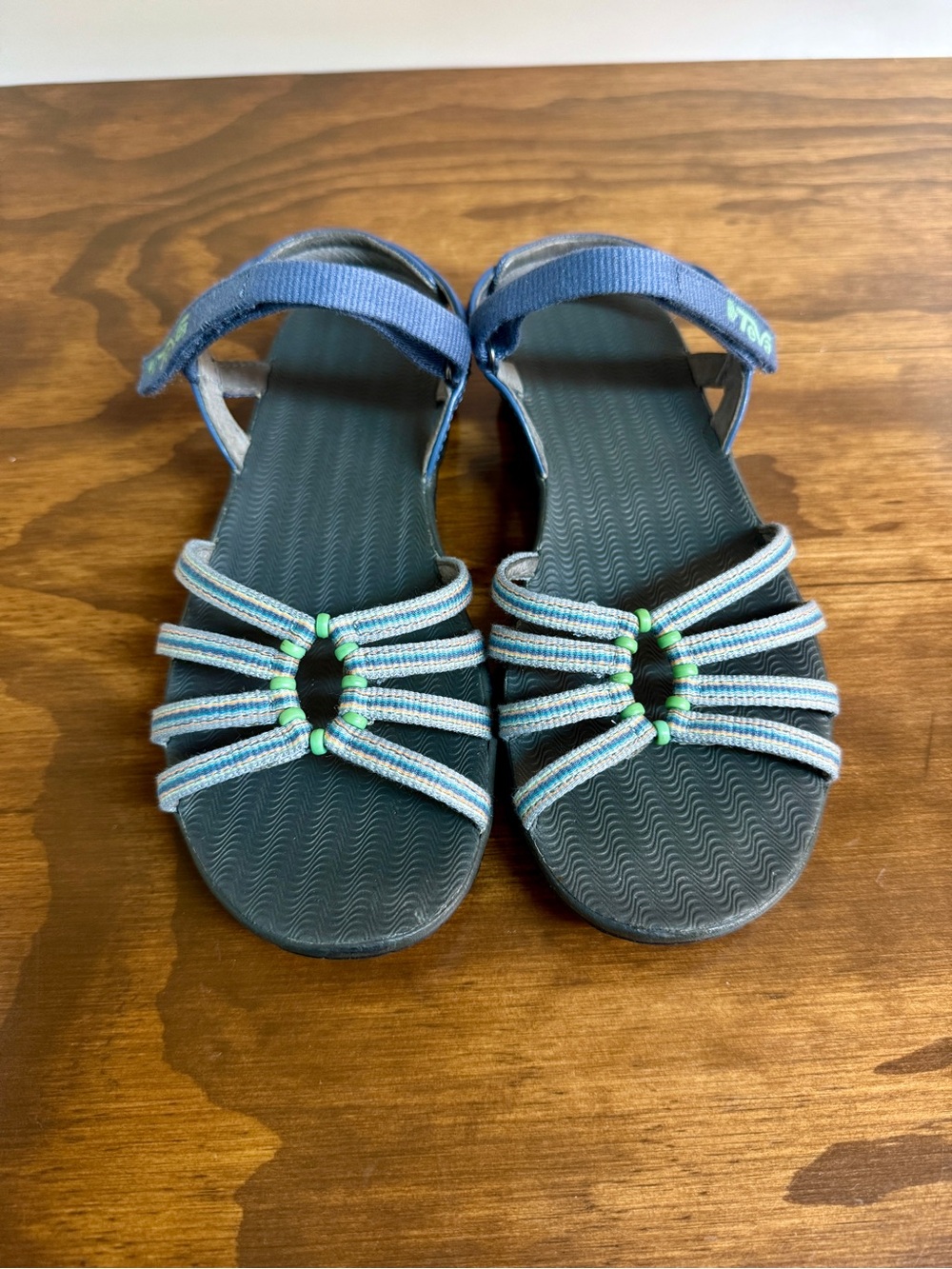 Teva Women’s Blue Strappy Sandals with Green Bead Accents